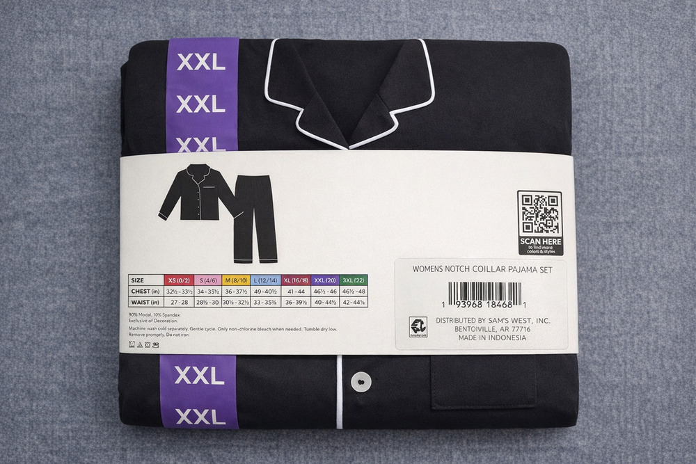NEW Members Mark Notch Collar Pajama Set 2-Piece Women's 2XL Black Long-Sleeve